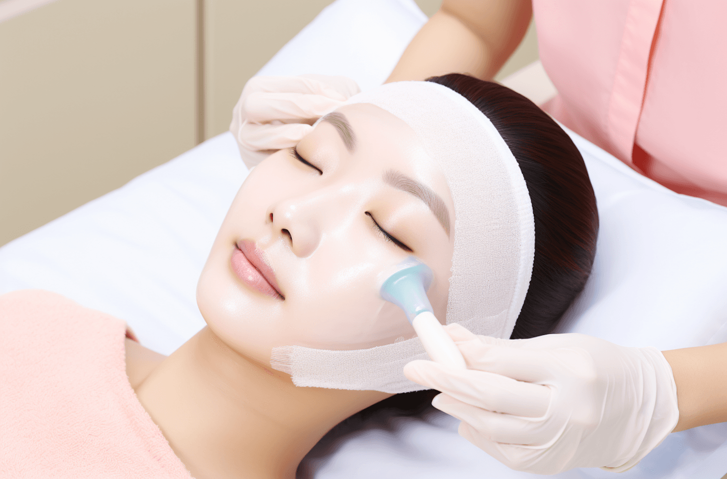 Clienta relajada mientras recibe una limpieza facial con equipo profesional