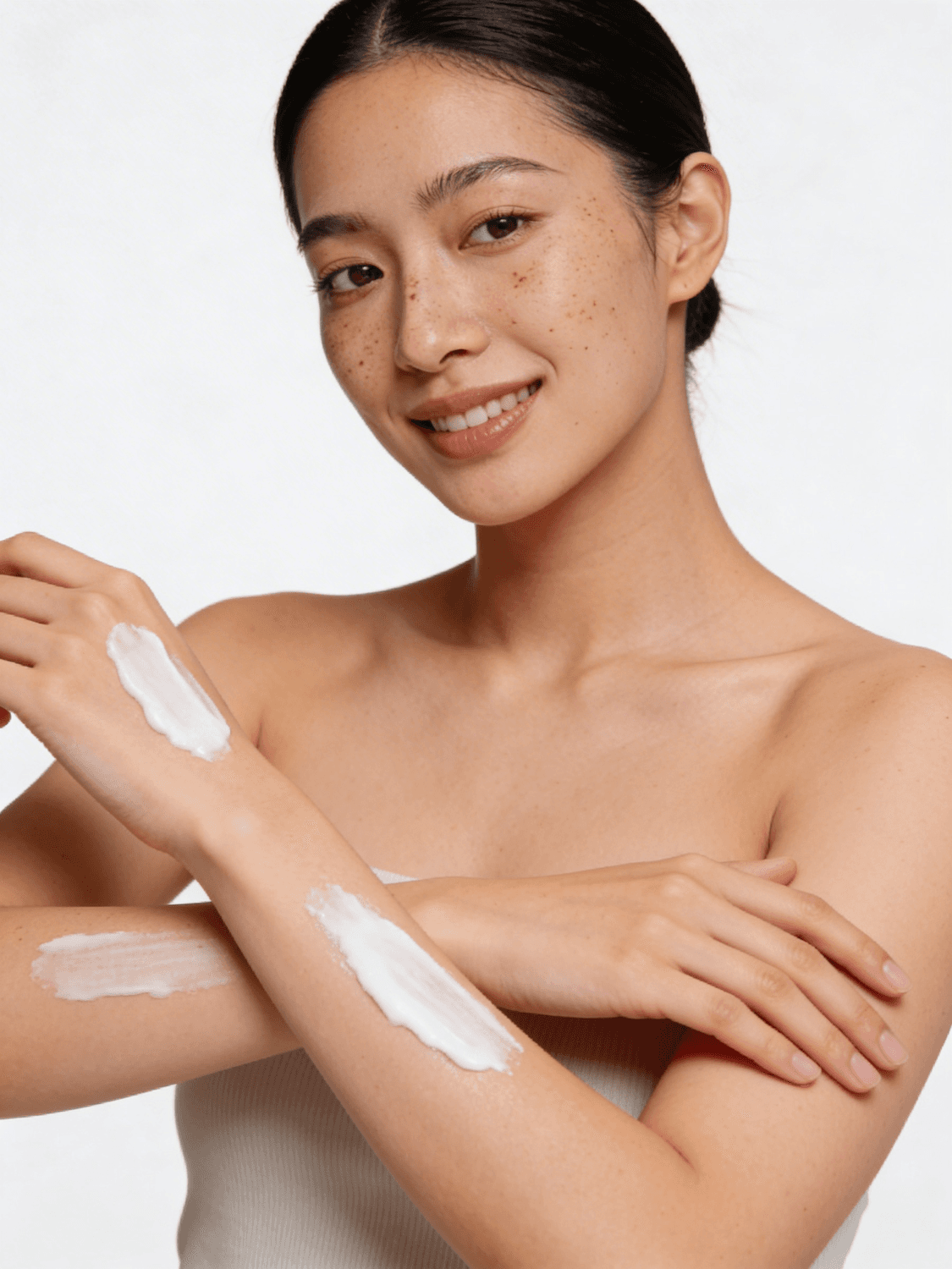 Mujer sonriente con la piel suave aplicándose crema en los brazos