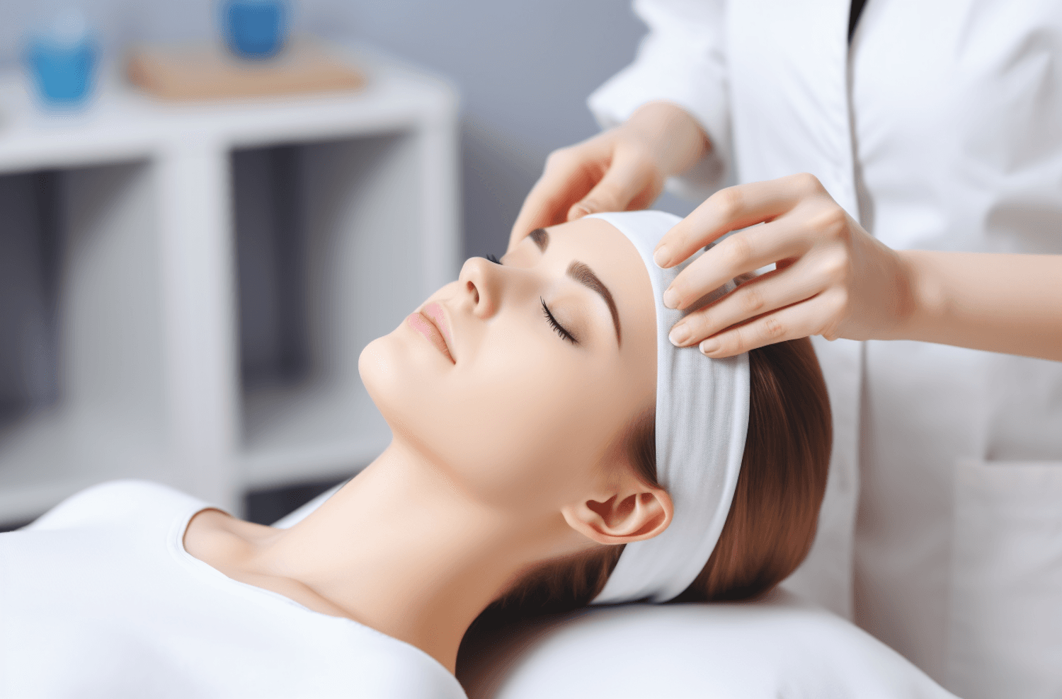 Especialista realizando un masaje facial relajante a una clienta